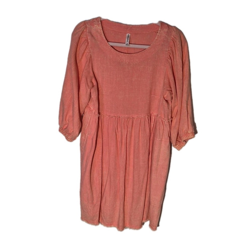 Zenana Coral Washed Linen Babydoll Dress Frayed Trim Raw Edge Sz Small